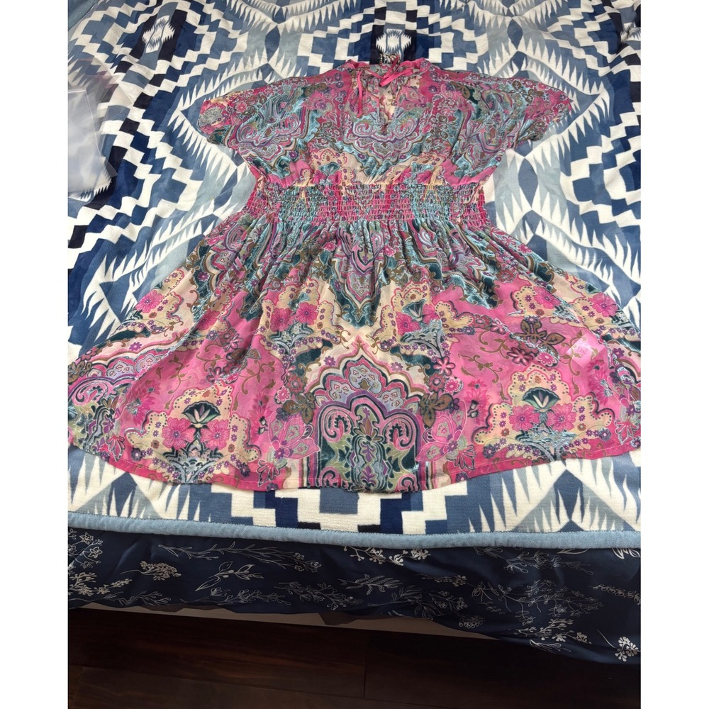Johnny Was Pink Paisley Silk Blend Burnout Velvet Smocked Mini Dress Large